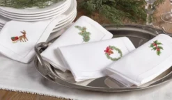 Saro Lifestyle Handmade Wreath Embroidery Napkin With Hemstitched Border (Set Of 6), 20"x20", White