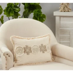Saro Lifestyle Embroidered Ho Ho Ho Snowflake Decorative Pillow Cover, Ivory, 14"x20" -Saro Lifestyle GUEST 121562e3 f5dc 42d8 9fe2 547fbb6eed32