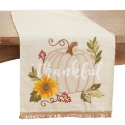Saro Lifestyle Dining Table Runner With Thankful Pumpkin Design, Beige, 16" X 70" -Saro Lifestyle GUEST 127ed2a7 0d1b 412f a430 f98697c7e82f