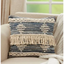 18"x18" Poly-Filled Chindi Design Square Throw Pillow With Fringe Blue - Saro Lifestyle: Cotton Cover, Indoor Decor, Zippered -Saro Lifestyle GUEST 193300ce 3790 44c1 8372 10be627fc762