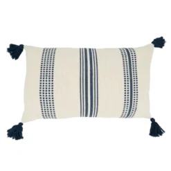 12"x20" Oversize Textured Striped Tassel Poly Filled Lumbar Throw Pillow Navy Blue - Saro Lifestyle