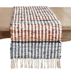 Saro Lifestyle Leather Chindi Stripe Fringed Table Runner, Multicolored, 16"x72" -Saro Lifestyle GUEST 1b26f5cd fe30 4d59 9327 8180f04813ab