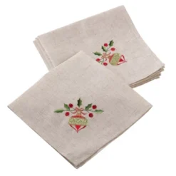Saro Lifestyle Embroidered Ornament Holly Design Holiday Linen Blend Napkin - Set Of 4 -Saro Lifestyle GUEST 1c469959 552f 47ef 911c 28b0e624b4a0