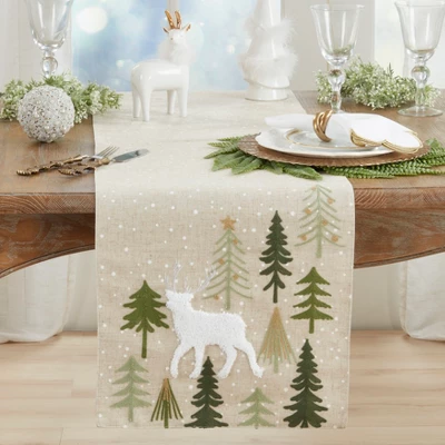 Saro Lifestyle Christmas Trees And Deer Table Runner, 16"x70", Natural 2 Saro Lifestyle Christmas Trees And Deer Table Runner, 16"x70", Natural - Image 2