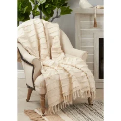 50"x60" Cotton With Fringe Design Throw Blanket Natural - Saro Lifestyle: Lightweight Knitted, Modern Decor, Machine Washable -Saro Lifestyle GUEST 1eedd5d3 f988 46d7 8c05 c362bb0a2c3b