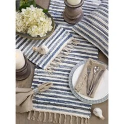 Saro Lifestyle Striped Denim Chindi Placemat, 14"x20" Oblong, Denim (Set Of 4)