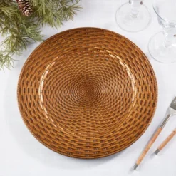 Saro Lifestyle Natural Look Faux Rattan Charger Plate (Set Of 4), 13"x13", Brown -Saro Lifestyle GUEST 29aa9a6a 90c2 47ec a037 34d4761399ce