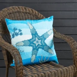 Saro Lifestyle Outdoor Embroidered Starfish Poly Filled Pillow, 20"x20", Blue -Saro Lifestyle GUEST 2aa53e5a 9489 4bb8 9014 8b165de06ad9