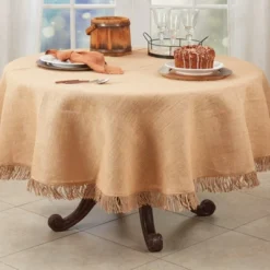 Saro Lifestyle Handcrafted Jute Tassel Tablecloth, 72", Beige -Saro Lifestyle GUEST 30278e39 3bba 4afe beb3 16e2ddc73d1a