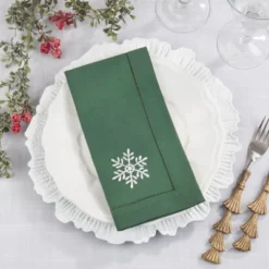 Saro Lifestyle Handmade Snowflake Embroidery Napkin With Hemstitched Border (Set Of 6), 20"x20", Jasper Green -Saro Lifestyle GUEST 3a10efd4 a9b3 4d44 9d91 43f878210918