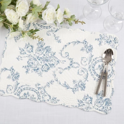 Saro Lifestyle Quilted Toile Floral Placemat (Set Of 4), 14"x20", Indigo 3 Saro Lifestyle Quilted Toile Floral Placemat (Set Of 4), 14"x20", Indigo - Image 3