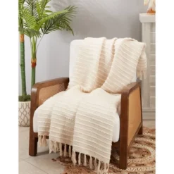 50"x60" Textured Chunky Striped Throw Blanket Ivory - Saro Lifestyle -Saro Lifestyle GUEST 41f0dcc6 ac63 4f1a b6a8 c9a6f1e7780a