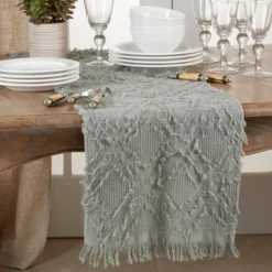 72" X 16" Cotton Waffle Weave Fringed Table Runner Blue: Geometric Abstract Rectangle - Saro Lifestyle -Saro Lifestyle GUEST 45668b41 99ed 4062 8c08 e4e996df2d92