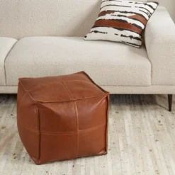 Saro Lifestyle Vintage Inspired Faux Leather Patchwork Pouf, 18"x18"x16", Brown -Saro Lifestyle GUEST 54baa3f4 c210 4742 8403 83d14174d533