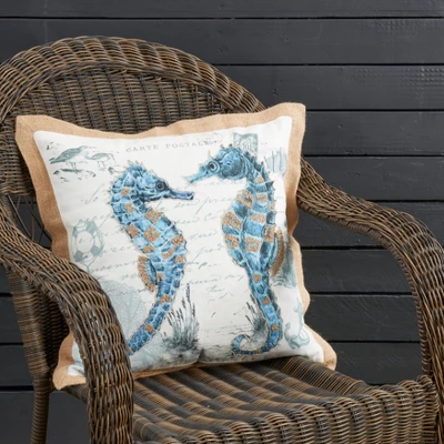 Saro Lifestyle Coastal Outdoor Sea Horse Poly Filled Pillow, 18"x18", Blue 3 Saro Lifestyle Coastal Outdoor Sea Horse Poly Filled Pillow, 18"x18", Blue - Image 3