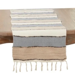 Saro Lifestyle Boho Chic Fringed Stripe Table Runner, Blue, 16"x72" -Saro Lifestyle GUEST 67bcbedb ca25 46b5 8c61 d232d221e307