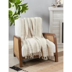 Saro Lifestyle Saro Lifestyle Woven Throw Blanket With Striped Design, Ivory, 50"x60" -Saro Lifestyle GUEST 6e11ffb4 d180 4ca4 9494 3054f00f5702