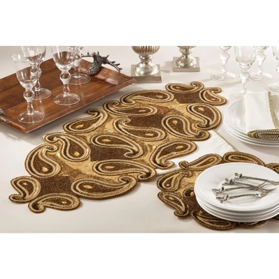 Saro Lifestyle Glass Bead Paisley Motif Design Table Runner, 16"x35", Gold 2 Saro Lifestyle Glass Bead Paisley Motif Design Table Runner, 16"x35", Gold - Image 2