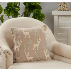 Saro Lifestyle Saro Lifestyle Beaded And Embroidered Reindeers Design Throw Pillow Cover, Natural, 18" -Saro Lifestyle GUEST 778fcc58 643f 4976 9ef9 ab9cb2df3085