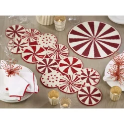 Saro Lifestyle Beaded Candy Cane Placemat, 15" Round, Red (Set Of 4) -Saro Lifestyle GUEST 7b011b82 4bb4 4232 8295 8284f713fcbc