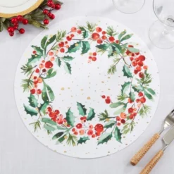 Saro Lifestyle Festive Foliage Holly Berry Wreath Placemat (Set Of 4), White, 15"x15" -Saro Lifestyle GUEST 89cbbb04 b95b 41b0 97f3 405f86da93cb