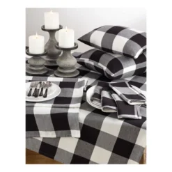 Plaid Table Runner Black - Saro Lifestyle: Cotton, Farmhouse Style, Hand Wash, 72" Long