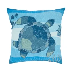 Saro Lifestyle Outdoor Embroidered Turtle Poly Filled Pillow, 20"x20", Blue -Saro Lifestyle GUEST 922a7e32 ce6d 4548 bee5 632268a81faf