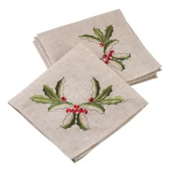 Saro Lifestyle Embroidered Holly Design Holiday Christmas Linen Blend Napkin (Set Of 4), 20"x20", Beige -Saro Lifestyle GUEST 94f742c1 e18b 42f8 b200 eb8df07d88a2