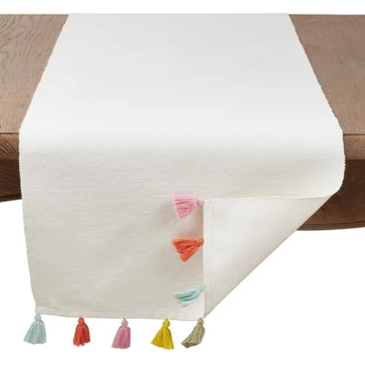 Saro Lifestyle Colorburst Tassel Table Runner, Off-White, 16" X 72" 1 Saro Lifestyle Colorburst Tassel Table Runner, Off-White, 16" X 72"