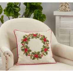 Saro Lifestyle Holly Wreath Decorative Pillow Cover, Multi, 18" -Saro Lifestyle GUEST 9f5487d1 f056 4d44 8bf5 ec327aa78074
