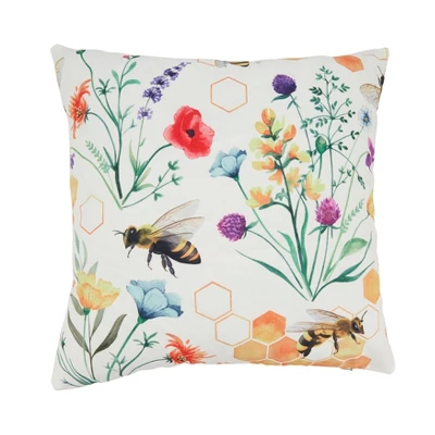 Saro Lifestyle Bright Bumble Bee Floral Outdoor Pillow With Poly Fill, 18"x18", Multicolored 4 Saro Lifestyle Bright Bumble Bee Floral Outdoor Pillow With Poly Fill, 18"x18", Multicolored - Image 4