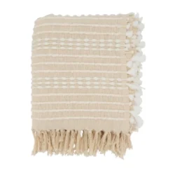 50"x60" Cozy Cabin Textured Striped Fringe Throw Blanket Natural - Saro Lifestyle: Woven Cotton & Polyester, Machine Washable