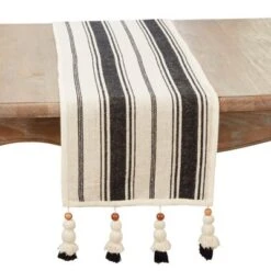 Saro Lifestyle Wood Bead Tassel Trimmed Stripe Table Runner, Black, 13"x72" -Saro Lifestyle GUEST b970c7ae f141 4893 820e 532ebb65f31f