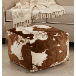 Saro Lifestyle Faux Fur Cow Hide Pouf, 20"x20"x14" Square, Brown -Saro Lifestyle GUEST c13b05b3 ab22 4700 9386 b528a0153b63