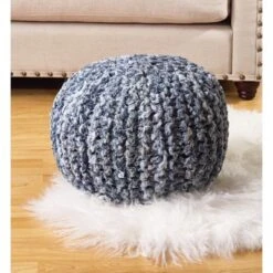 Saro Lifestyle Denim Twisted Rope Pouf - 20"dx14"h Round, Navy Blue