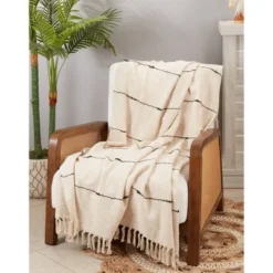50"x60" Chic Textured Striped Fringe Throw Blanket Natural - Saro Lifestyle: Cotton Woven, Machine Washable, All Ages -Saro Lifestyle GUEST cca0d93a b5fb 45f0 bc60 c64627f1c32b