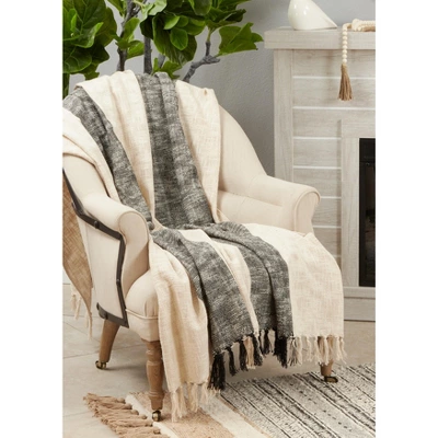 Saro Lifestyle Saro Lifestyle Cotton Throw Blanket With Striped Design, Natural, 50"x60" 3 Saro Lifestyle Saro Lifestyle Cotton Throw Blanket With Striped Design, Natural, 50"x60" - Image 3