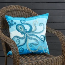Saro Lifestyle Outdoor Embroidered Octopus Poly Filled Pillow, 20"x20", Blue -Saro Lifestyle GUEST cf6c922d 0657 44c4 a962 8aed714f2da5