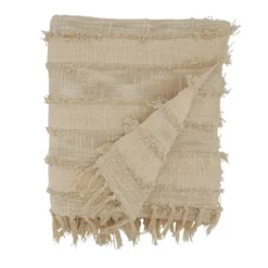 50"x60" Cotton With Fringe Design Throw Blanket Natural - Saro Lifestyle: Lightweight Knitted, Modern Decor, Machine Washable