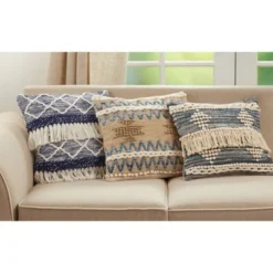 18"x18" Poly-Filled Chindi Design Square Throw Pillow With Fringe Blue - Saro Lifestyle: Cotton Cover, Indoor Decor, Zippered -Saro Lifestyle GUEST eac49d1e b43a 4a67 8714 b7c65e932204