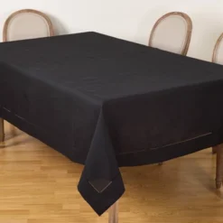 70"x180" Tablecloth With Hemstitch Border Design Black - Saro Lifestyle: 180" Rectangular Tablecloth, Solid Pattern