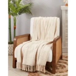 50"x60" Rugged Elegance Striped Fringe Throw Blanket Natural - Saro Lifestyle: Cozy Cotton, Machine Washable -Saro Lifestyle GUEST eeb3406c 9c2d 430f 9d16 1fbaf11d7d9a