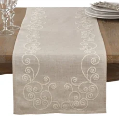 Neutral Swirl Table Runner - Saro Lifestyle: Linen-Blend, Embroidered, Machine Washable, 72"x16" -Saro Lifestyle GUEST f1650294 6379 45ec 935e 7e27041148af