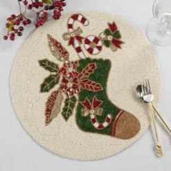 Saro Lifestyle Beaded Christmas Stocking Placemat, 15" Round, Red/Green (Set Of 4) -Saro Lifestyle GUEST f318e305 06c7 4b65 a896 a913514e426f