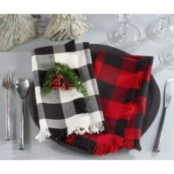 Saro Lifestyle Buffalo Plaid And Fringe Cotton Table Napkins (Set Of 4)