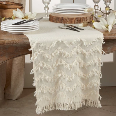 Saro Lifestyle 72"x16" Cotton Chevron Fringed Table Runner White: Classic Pattern, Machine Washable, Off-White 2 Saro Lifestyle 72"x16" Cotton Chevron Fringed Table Runner White: Classic Pattern, Machine Washable, Off-White - Image 2