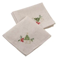 Saro Lifestyle Embroidered Ornament Holly Design Holiday Linen Blend Napkin (Set Of 4), 20"x20", Beige -Saro Lifestyle GUEST fa9e8416 a282 4fb9 9de8 197151d60160